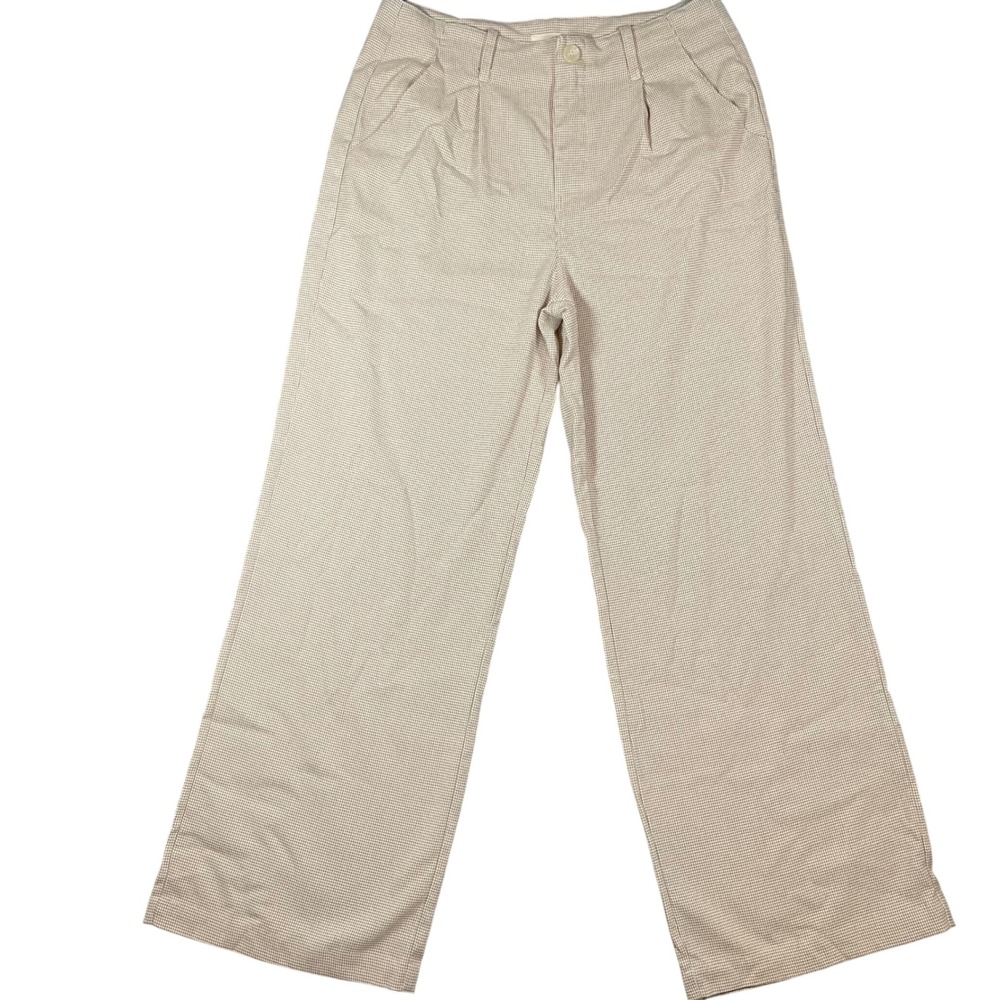 Women's Wide Leg Trouser Pant XL Check Pleated Beige Nova Vintage Academia Retro